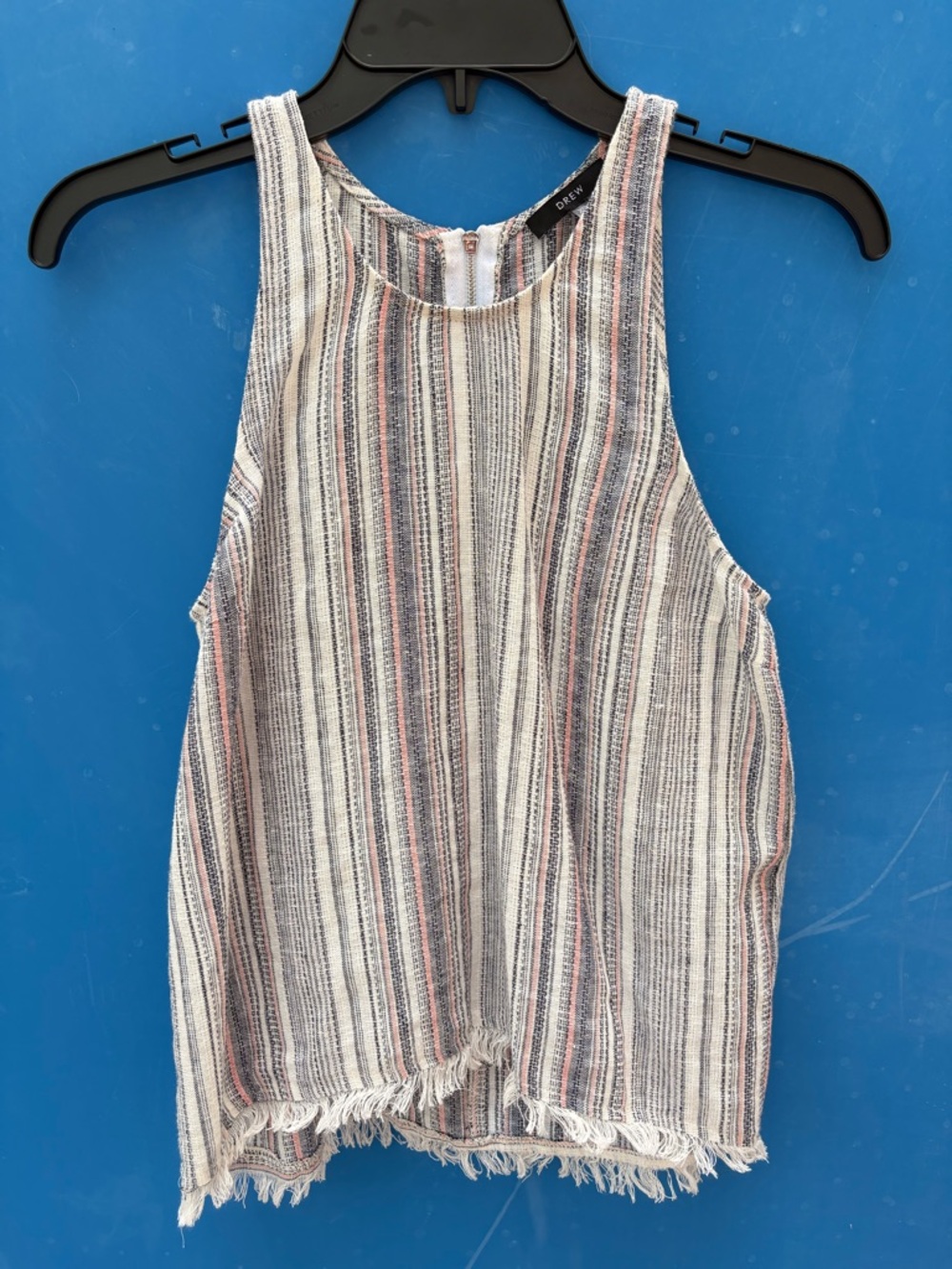 DREW linen Striped Fringe-Hem Tank in Cream & Navy with muted red